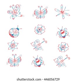 Set of flowers and butterflies. Insects. Hand drawing illustration,