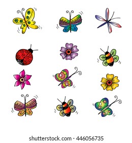 Set of flowers and butterflies. Insects. Hand drawing illustration,