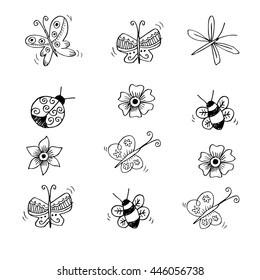Set of flowers and butterflies. Insects. Hand drawing illustration,