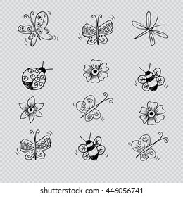 Set of flowers and butterflies. Insects. Hand drawing illustration,