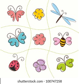 Set of flowers and butterflies. Insects. Vector illustration.