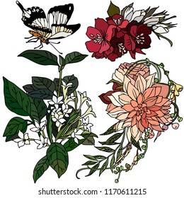Set of flowers and butterflies. Vector illustration. Beautiful nature. Vintage pattern, background, bouquet. Realistic colorful drawing, tattoo.