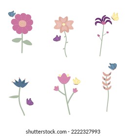 Set of flowers with butterflies. Vector illustration isolated on white.
