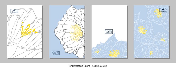 Set of flowers card template in white and light blue colors 
