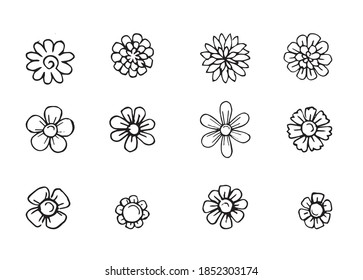A set of flowers in cartoon doodle style. Hand drawn outline flower pictures. The objects are isolated on a white background. Vector