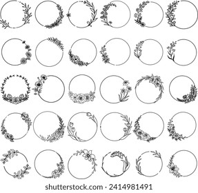 Set of flowers circle frames for design element for logo, stamp design, invitation, entraving and so on. Vector illustration botanical .