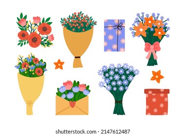 Set of flowers. Collection of bouquets, gifts for girls. Romance, love and care. Wild garden blooming, card or posters for website. Cartoon flat vector illustrations isolated on white background