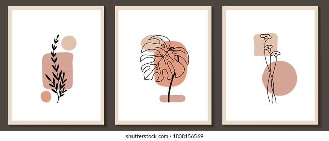 Set of flowers continuous Line art . Abstract Contemporary collage of geometric shapes in a modern trendy style. Vector for Beauty Concept, t-Shirt Print, postcard, poster