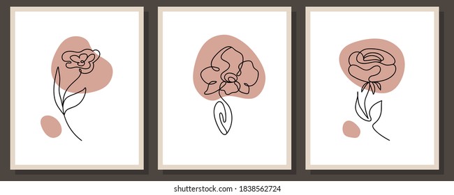 Set of flowers continuous line art with abstract shape in a modern trendy style