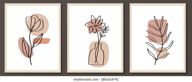 Set of flowers continuous Line art with abstract shape in a modern trendy style. Vector for Beauty Concept, t-Shirt Print, postcard, poster