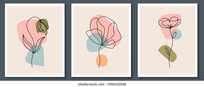 Set of flowers continuous Line art . Abstract Contemporary collage of geometric shapes in a modern trendy style. Vector for Beauty Concept, t-Shirt Print, postcard, poster