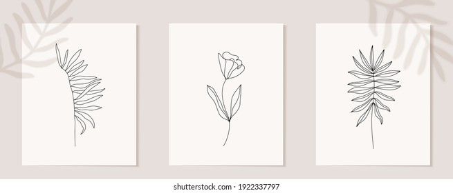 Set of flowers continuous Line art . Abstract Contemporary collage of geometric shapes in a modern trendy style. Vector for Beauty Concept, t-Shirt Print, postcard, poster