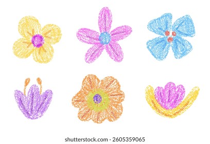 Set of flowers with crayon pencil texture drawn in childlike style