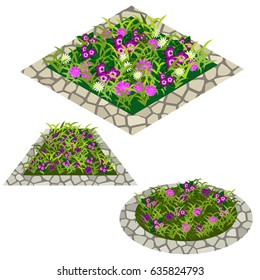 Set of flowers to create garden scene. Chamomiles and other flowers in grass composed in flowerbed with stone border. Vector illustration, isolated on white background