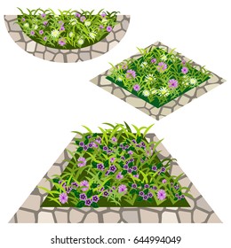 Set of flowers to create garden scene. Chamomiles and other flowers in grass composed in flowerbed with stone border. Vector illustration, isolated on white background