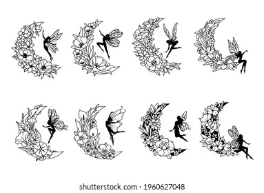 Montaje de flores de luna creciente con hadas. Colección de luna con arreglo floral. Ilustración vectorial de un cuerpo cósmico con personajes de cuento de hadas. Tatuaje también. 