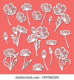 Set of flowers, daisies, chamomile. Plants theme and nature, floral elements -  flowering buds, bouquets, leaves, stems. Template for laser plotter cutting of paper, cardboard. Vector illustration.