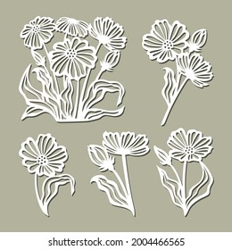 Set of flowers, daisies, chamomile. Plants theme and nature, floral elements -  flowering buds, bouquets, leaves, stems. Template for laser plotter cutting of paper, cardboard. Vector illustration.