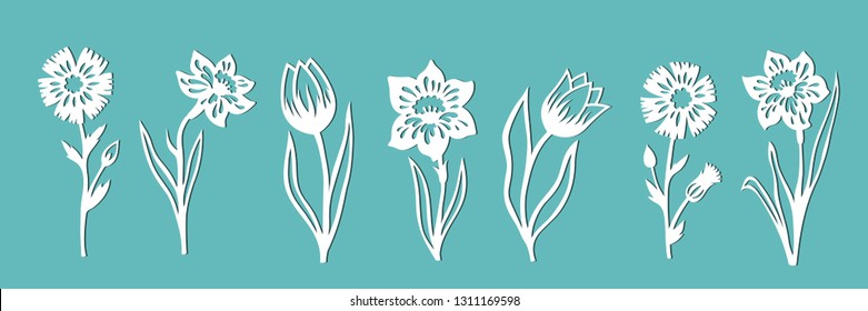 A set of flowers for decoration. Templates for paper cutting, laser cutting and plotter. Vector illustration.