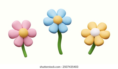 Set of flowers of different colors. Floral elements in cute cartoon style