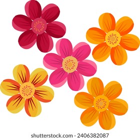 Un juego de flores. Flores de diferentes colores con seis hojas.