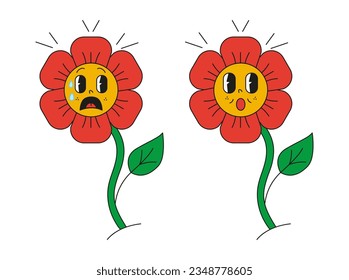 A set of flowers in different emotions, fear, surprise. Funny cartoon characters. Vector illustration for designs, prints and patterns. Isolated on white background