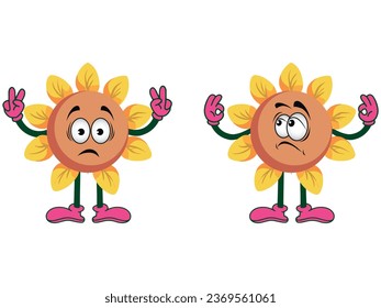A set of flowers in different emotions, Funny cartoon characters. Vector illustration for designs, prints and patterns. Isolated on white background