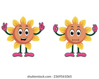 A set of flowers in different emotions, Funny cartoon characters. Vector illustration for designs, prints and patterns. Isolated on white background
