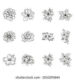 Set of flowers doodle isolated on a white background