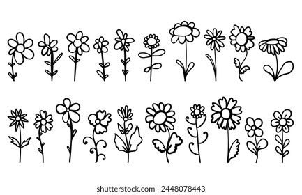Conjunto de flores en estilo doodle, dibujado a mano plantas de flores para tarjetas, diseño o creación para colorear páginas Ilustración vectorial