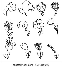 Set of flowers in doodle style, isolated on a white background. Hand drawn vector illustration.