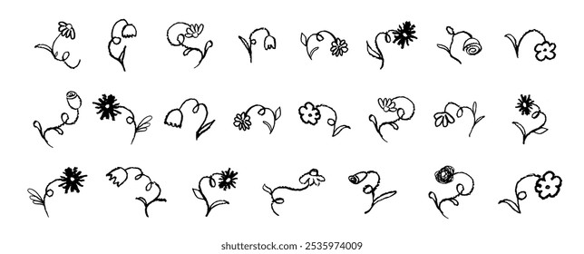 Set of flowers drawing by pastel or charcoal pencil. Black chalk line flower collection, simple design element on white chalkboard. Like children's drawing cute floral collection. Vector illustration