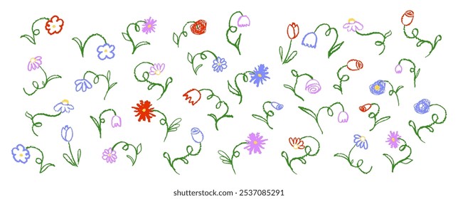 Conjunto de flores desenhando por pastel ou lápis de carvão. Vetor colorido giz linha flor coleção, elemento de design simples no quadro branco. Como o desenho de crianças coleção floral bonito.