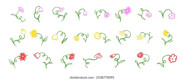 Set of flowers drawing by pastel or charcoal pencil. Color chalk line flower collection, simple design element on white chalkboard. Like children's drawing cute floral collection. Vector illustration