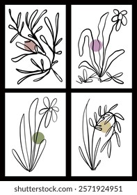 Set of flowers drawing posters with. Plant Abstract illustration. Modern Art. Minimalism. Vector illustration