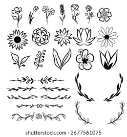 Conjunto de elementos flores. Ilustração floral com contorno preto isolada sobre fundo branco