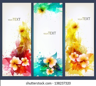 Set of flowers element and colorful blots. Design brochure template with flowers elements