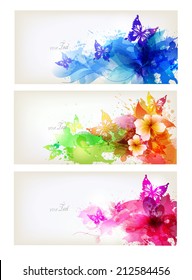 Set of flowers element and colorful butterfly. Design brochure template with floral elements