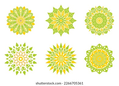 Set of flowers elements green and yellow color. Vector Hand Drawn Doodle Mandalas, all brushes included, you can create your own pattern