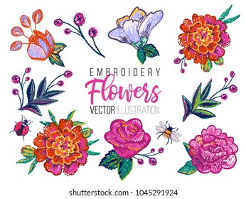 Set flowers embroidery patches elements  marigold rose  Fashion patch watercolor style illustration isolated white background 