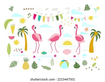set of flowers and flamingo