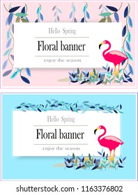 Set Flowers and Flamingo Summer Banner, Graphic Background, Exotic Floral Invitation, Flyer or Card. Modern Front Page in Vector