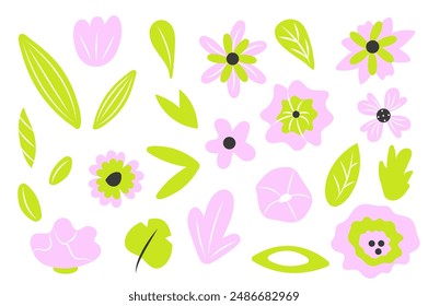 Conjunto de flores en diseño plano de dibujos animados. Una colección de flores y hojas en colores verde brillante y rosa y puede ser una decoración para cualquier diseño. Ilustración vectorial.