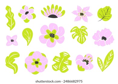 Set of flowers in flat cartoon design. This illustration features a collection of leaves and flowers in a simple modern style with bright green and pink colors. Vector illustration.