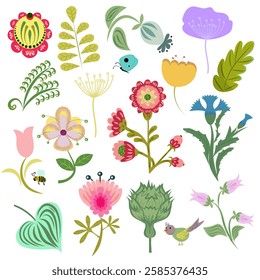 Set of flowers. .Flat design, folk motif, bright and colorful flowers. Vector illustrations