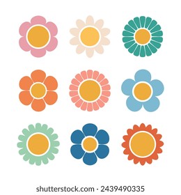 Set of flowers in flat style. Groovy daisies. Vector illustration on white background