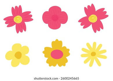 Set of flowers in flat style. Yellow and pink spring elements