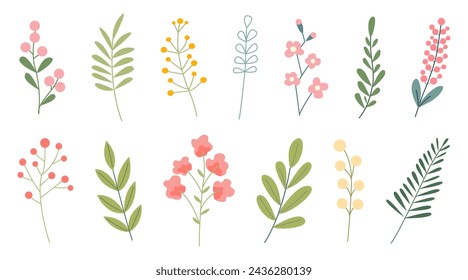 Conjunto de flores y elementos florales en estilo plano. Hermosa primavera o verano floral. Flores para concepto de boda. Ilustración dibujada a mano del vector para la tarjeta, invitación, póster, diseño. 