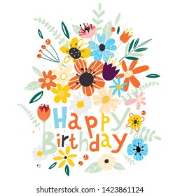 Set of flowers and floral elements isolated on white background.Happy Birthday. Beautiful greeting card. Hand draw design template for greeting cards , vector illustration.