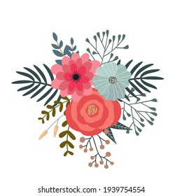 Set of flowers and floral elements isolated on white background.